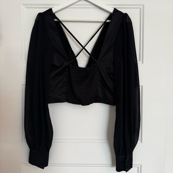 Dynamite Satin V-Neck Sheer Balloon Sleeve Crop Top Blouse - Picture 3 of 9